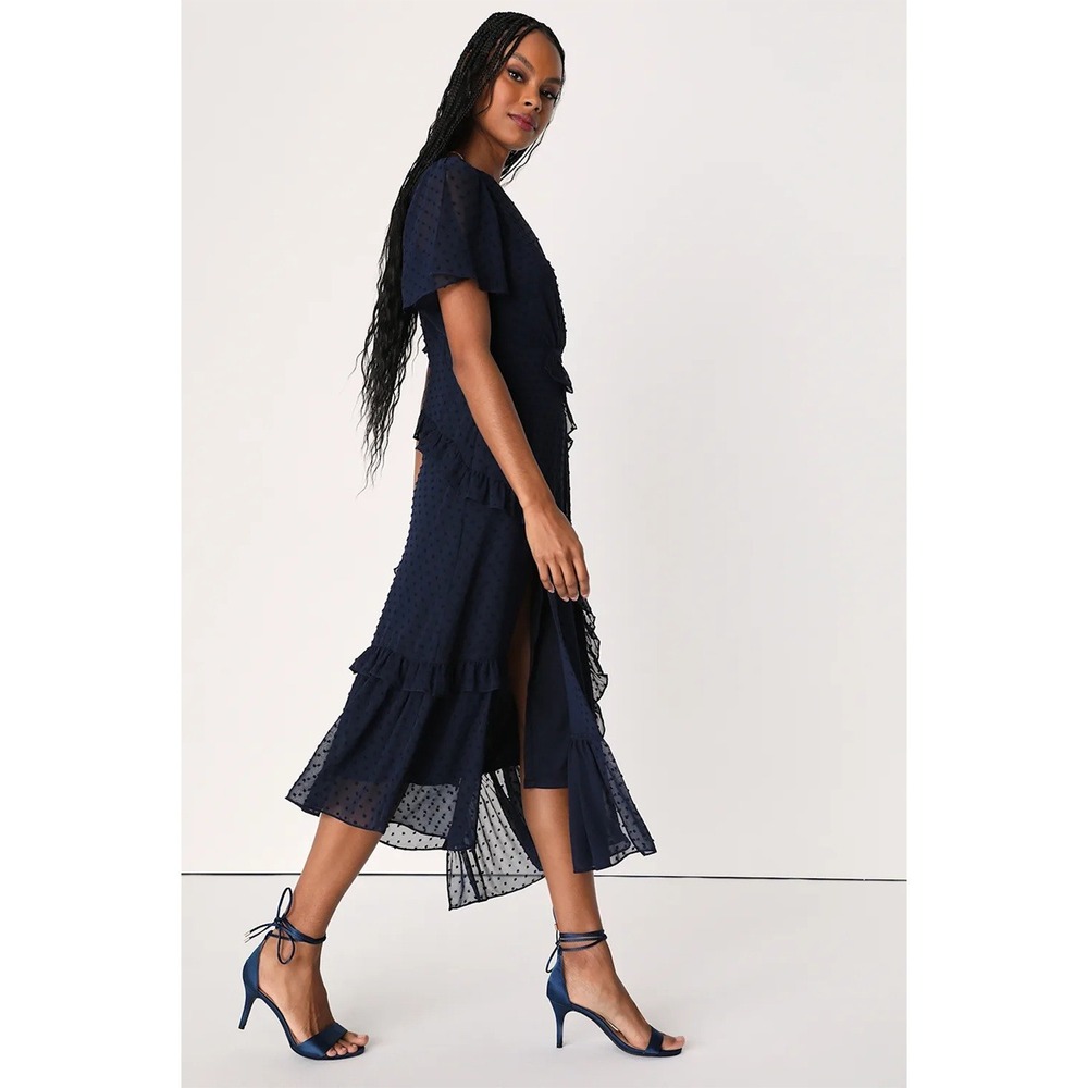 NWT Lulus Next To You Swiss Dot Ruffle Surplice Slit V-Neck Midi‎ Dress Navy XS - Picture 10 of 15